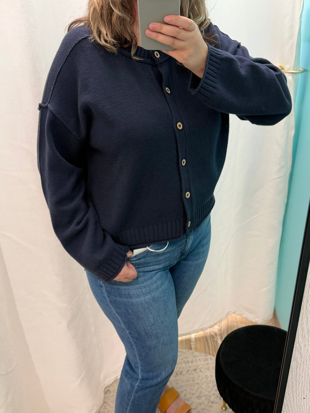 Exposed Seam Button Down Knit Cardigan (Navy)