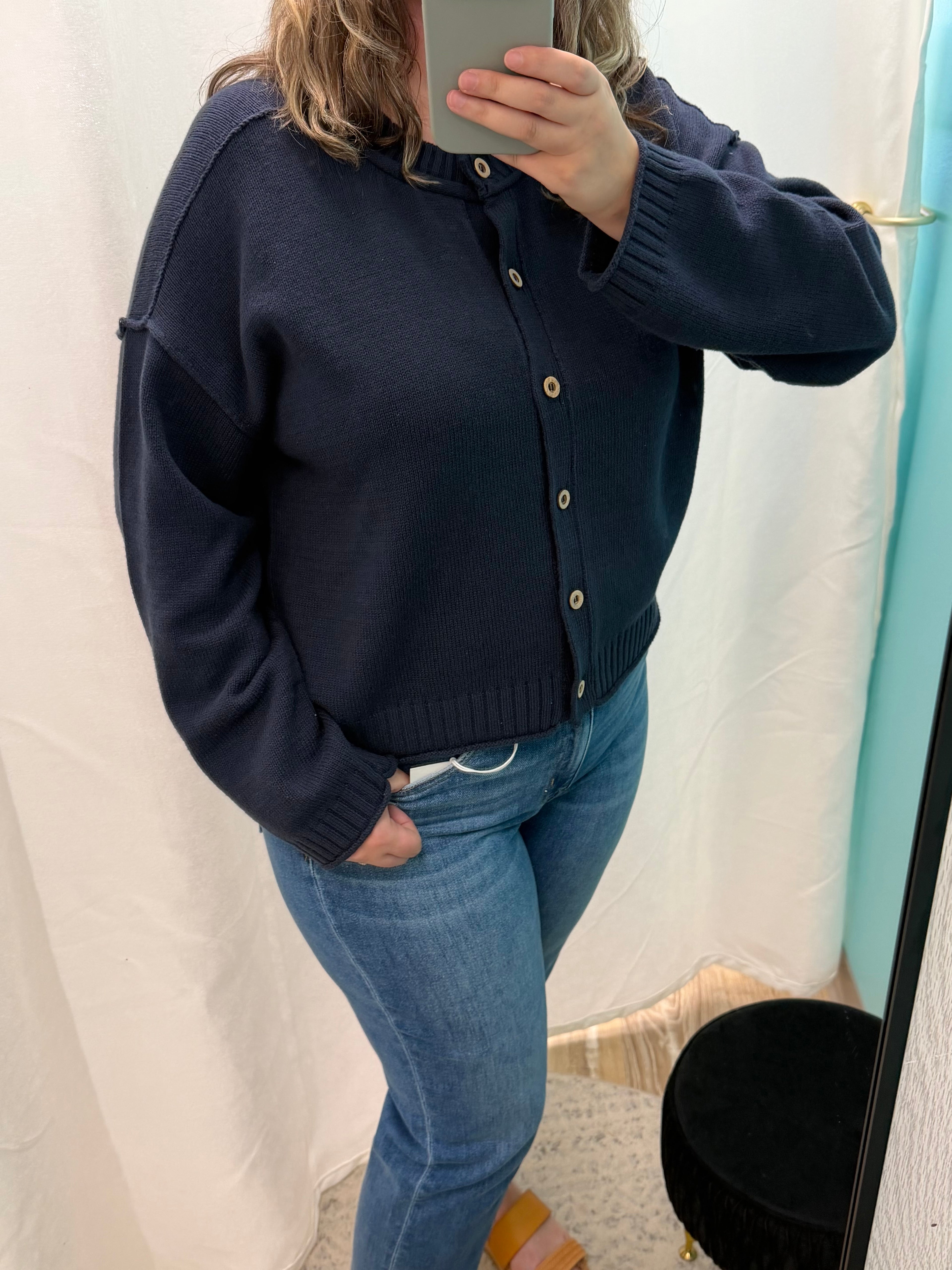 Exposed Seam Button Down Knit Cardigan (Navy)