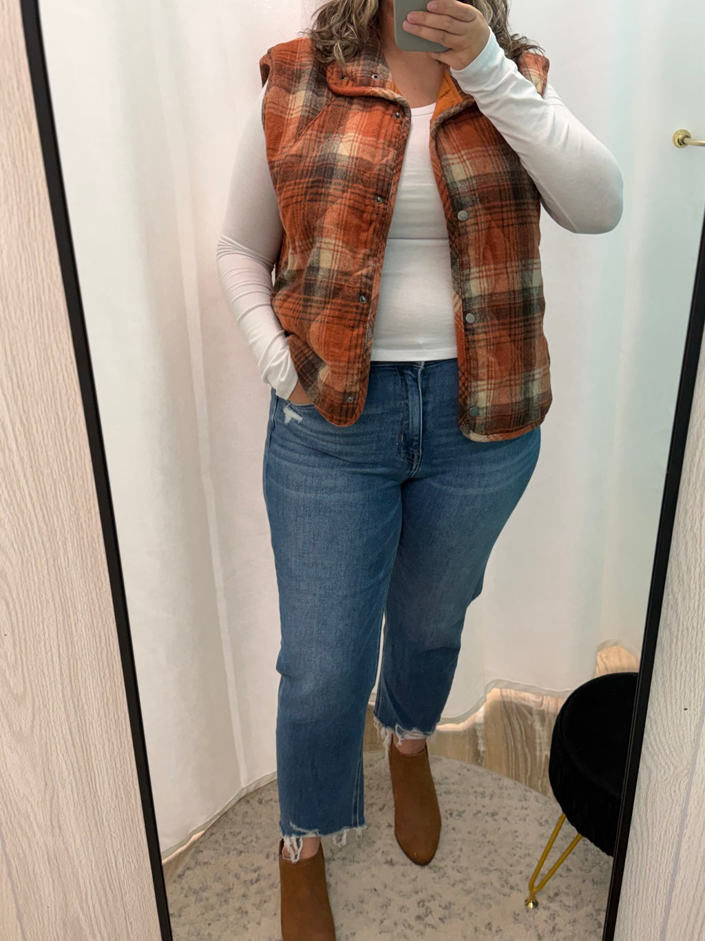 Plaid Quilted Snap Button Vest (Rust)