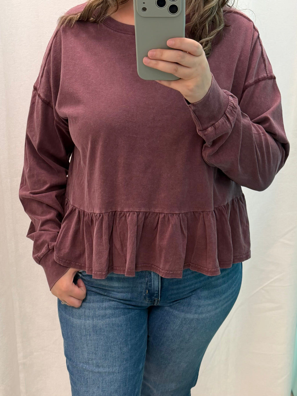 Cotton Long Sleeve Peplum Top (Dark Cherry)