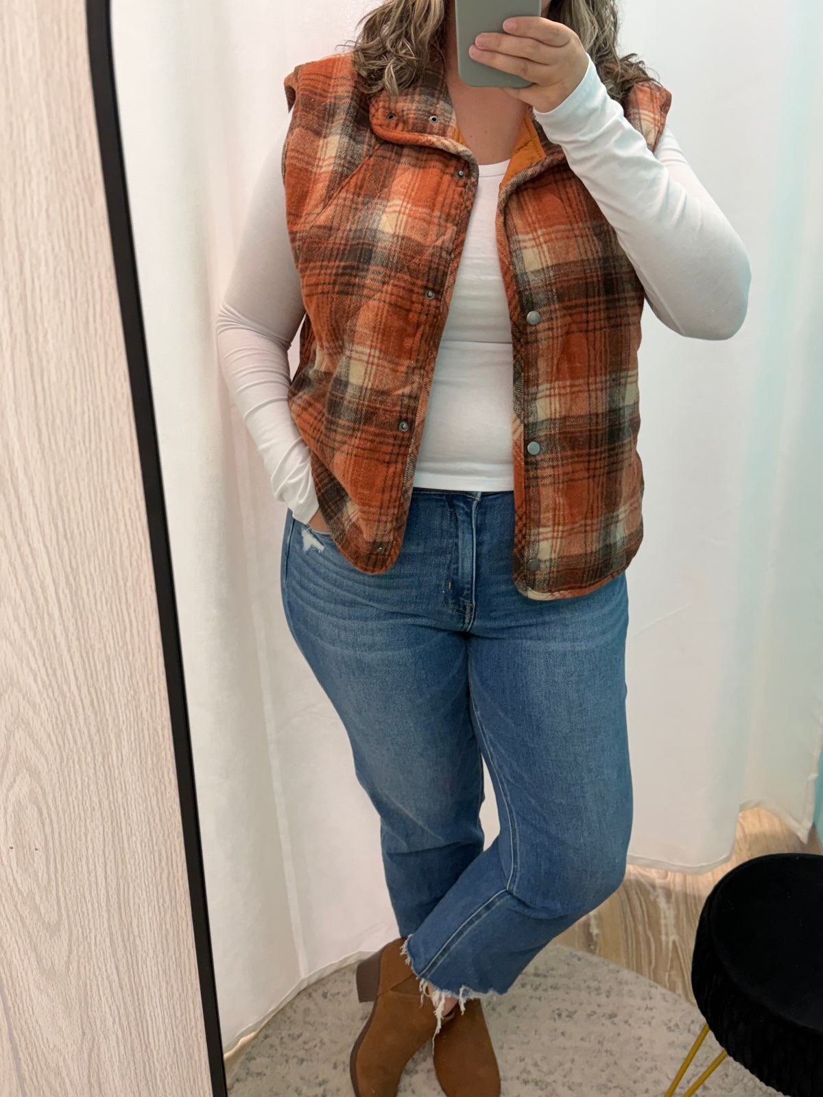 Plaid Quilted Snap Button Vest (Rust)