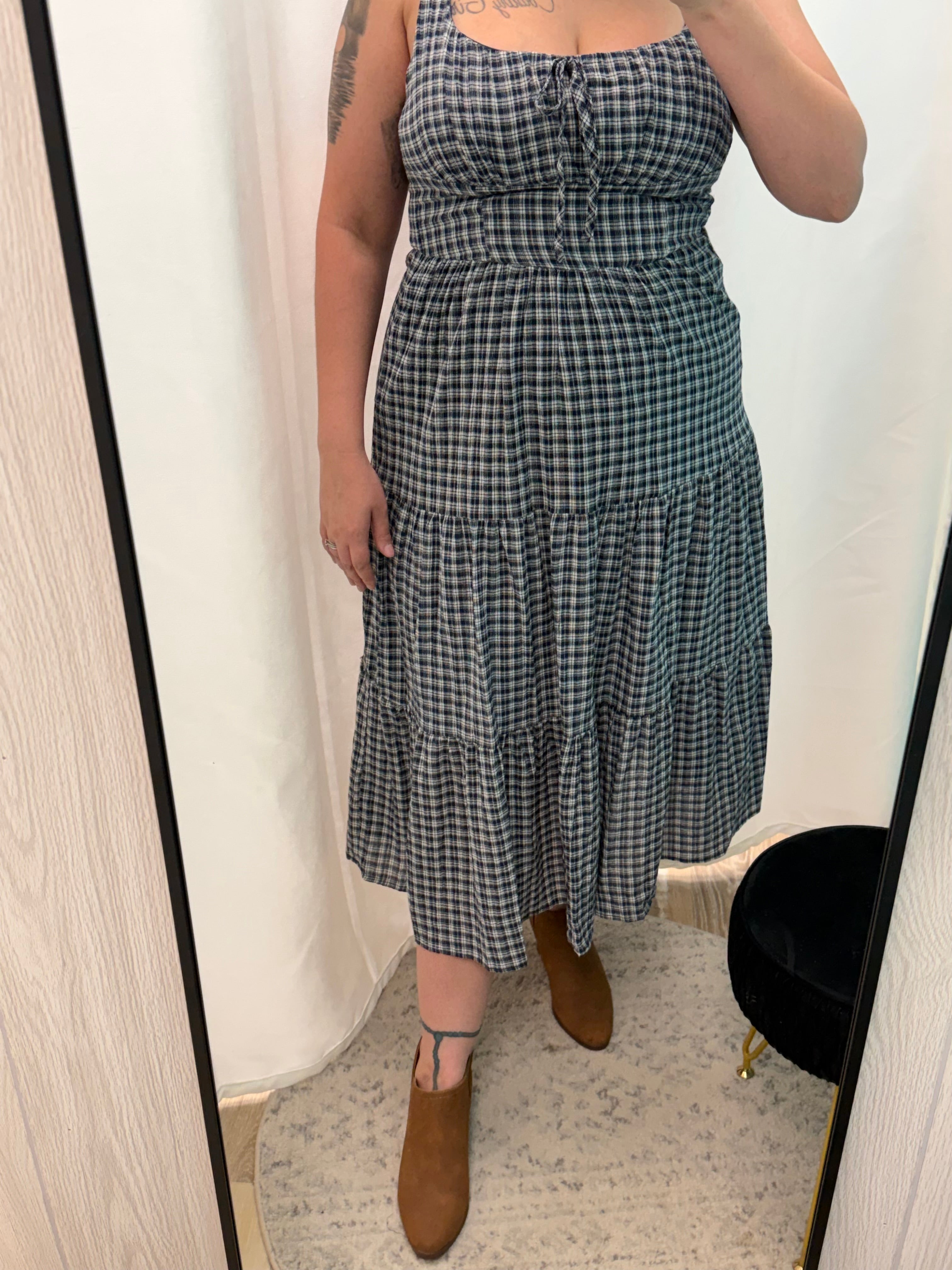 Plaid Front Tie Corset Detail Midi