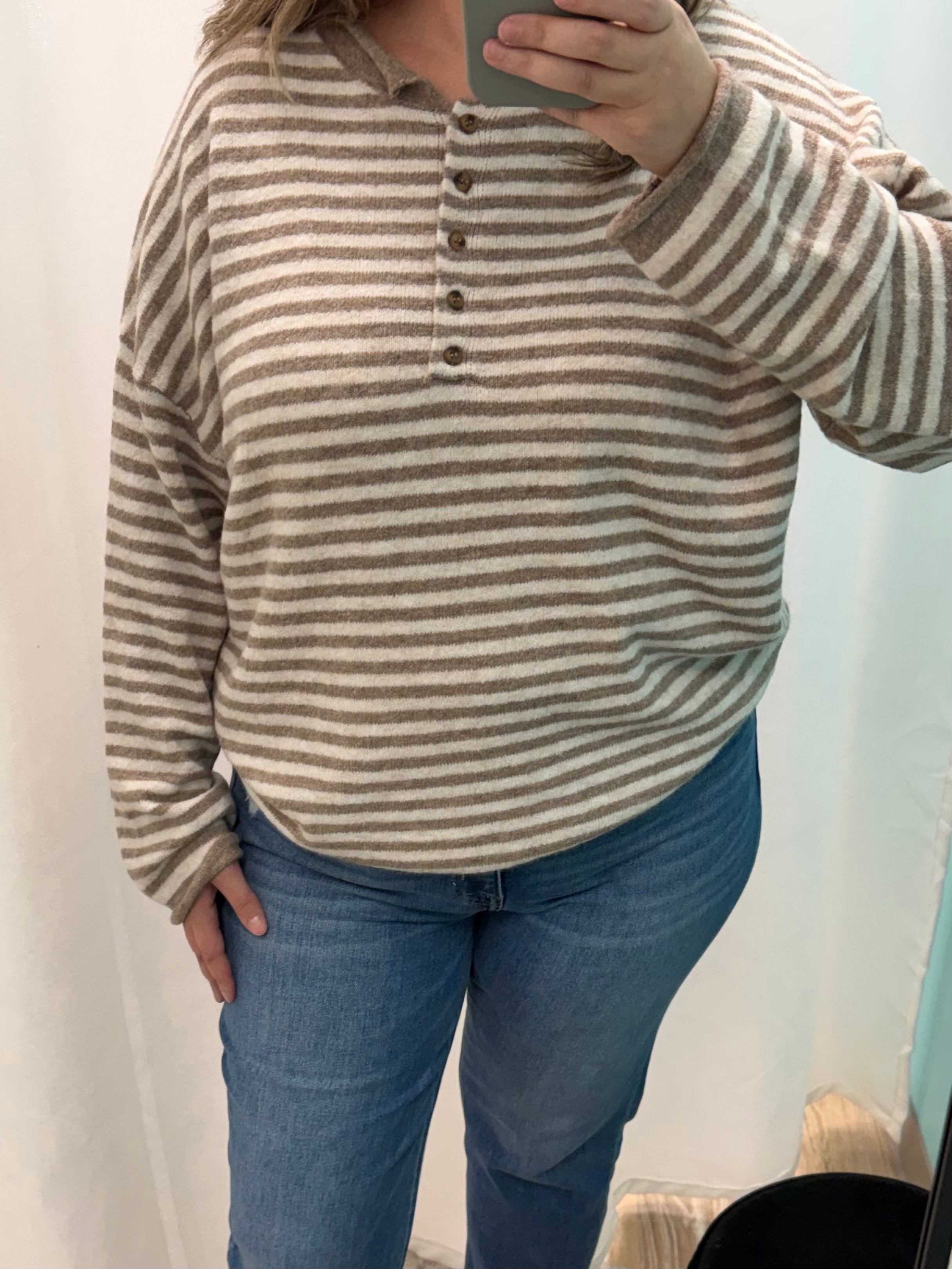 Henley Striped Sweater (Mocha)