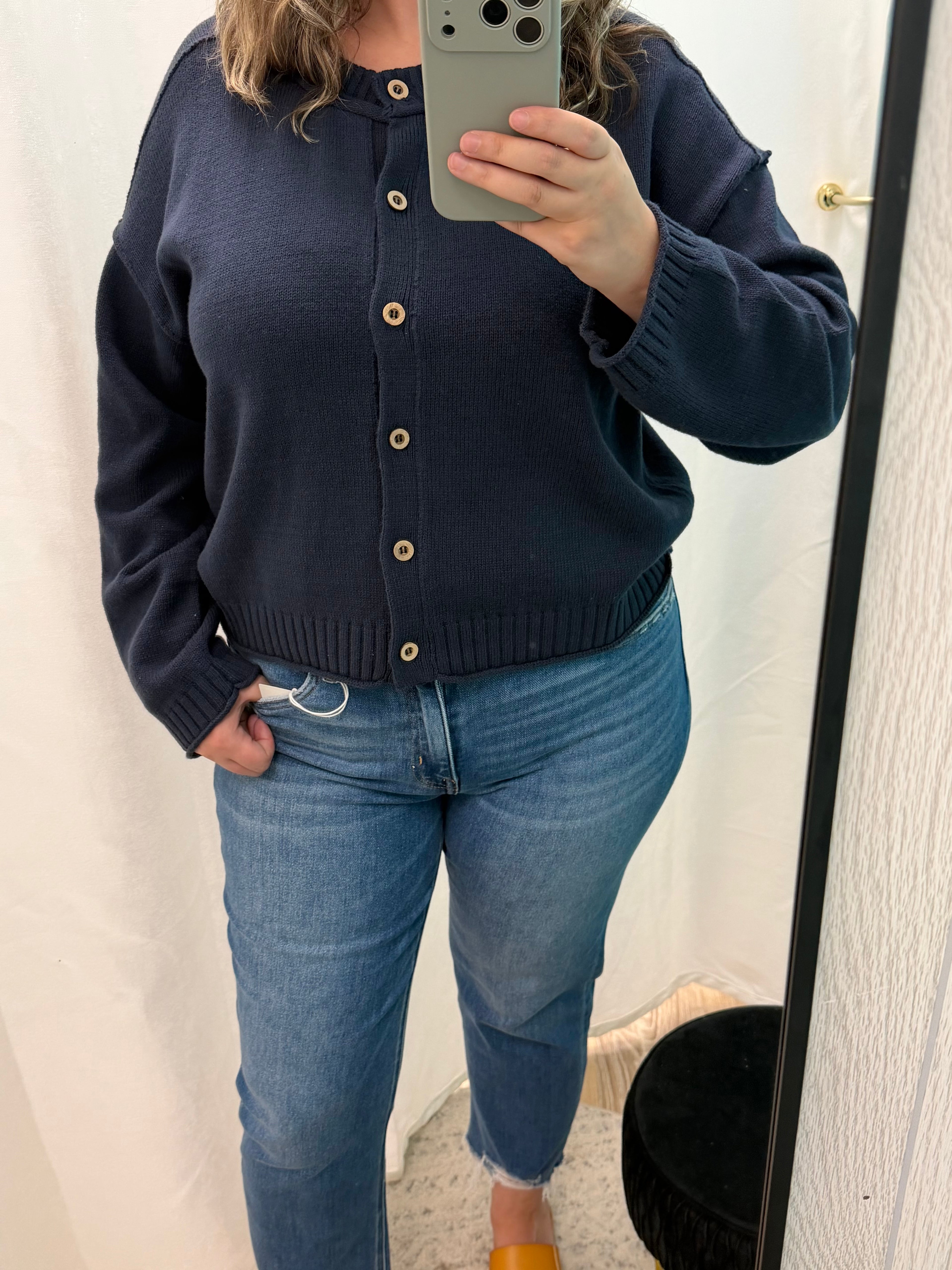 Exposed Seam Button Down Knit Cardigan (Navy)