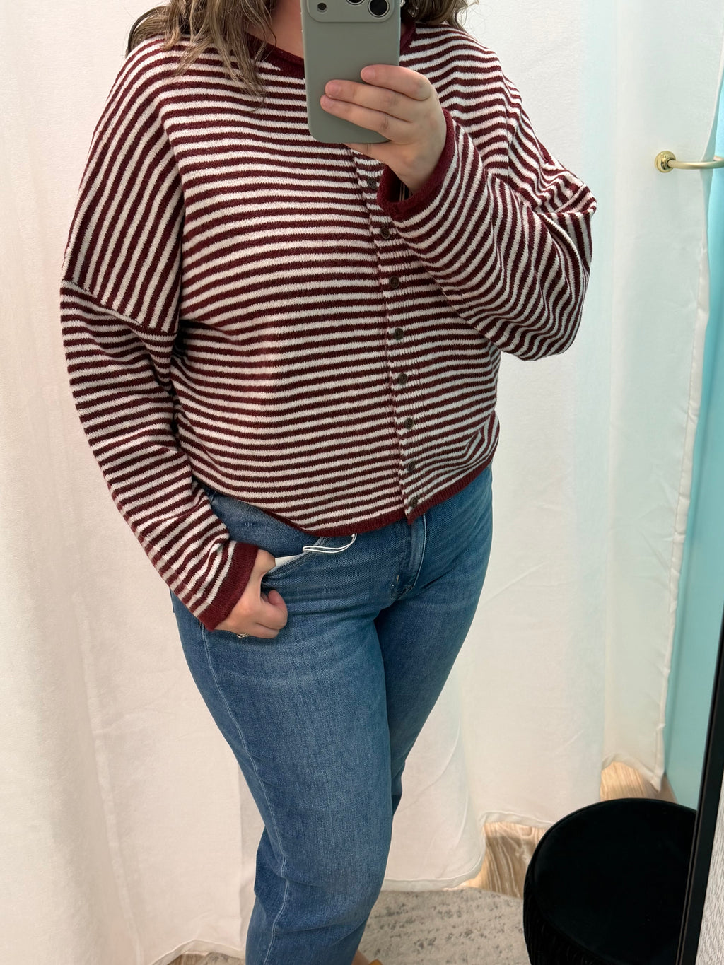 Striped Raw Edge Knit Cardigan (Burgundy)