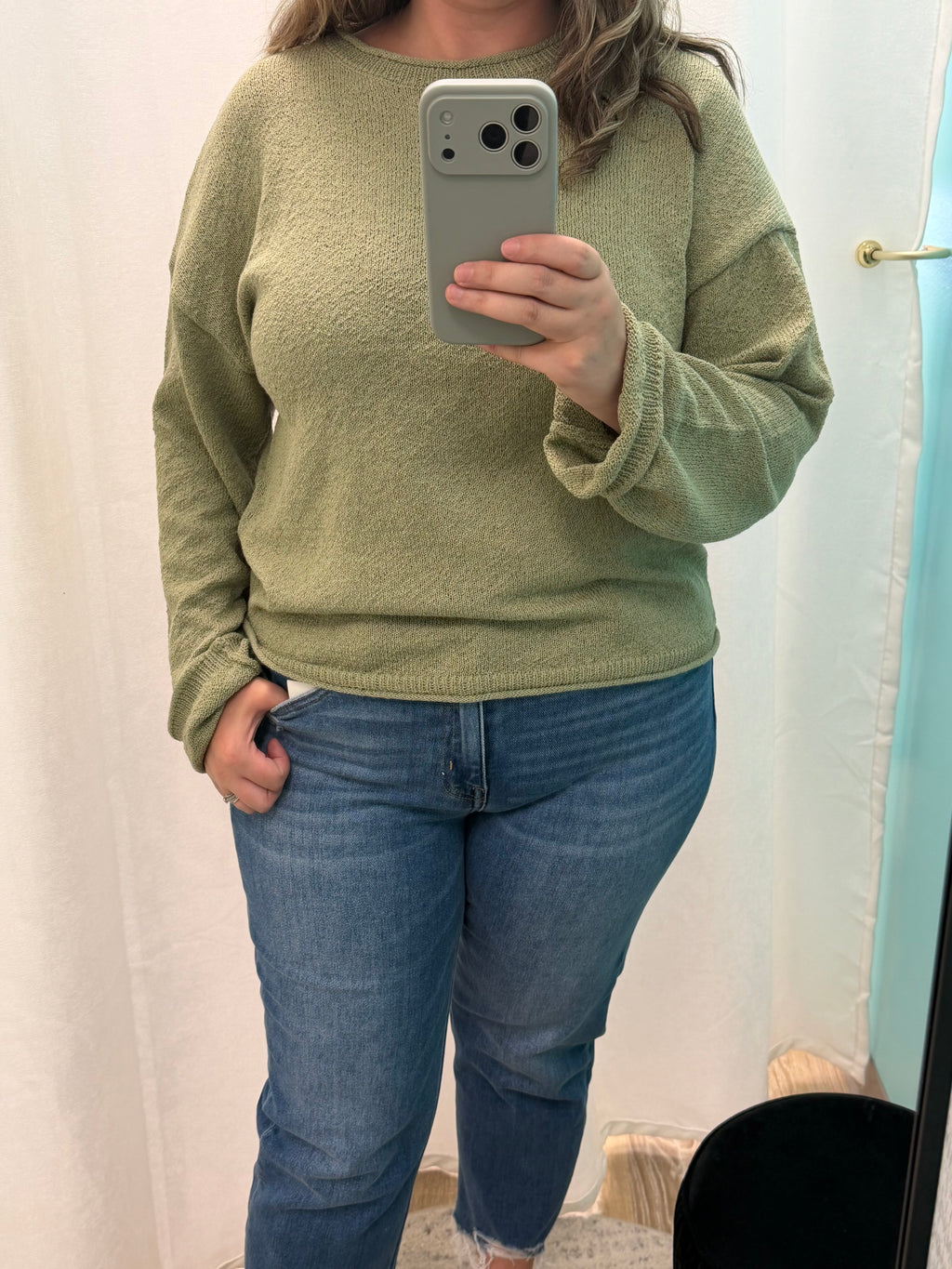 Textured Raw Edge Knit Sweater (Olive)