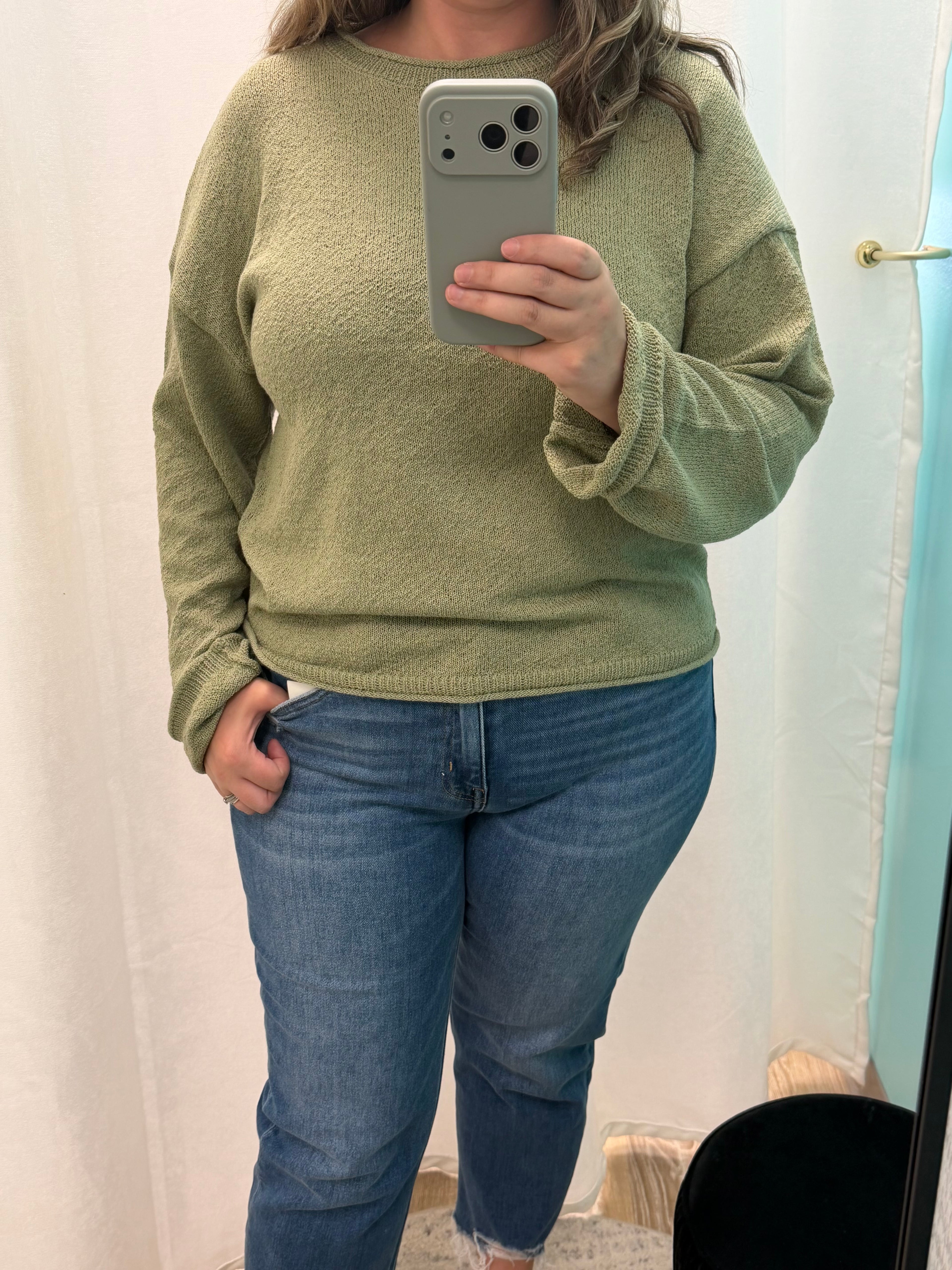 Textured Raw Edge Knit Sweater (Olive)