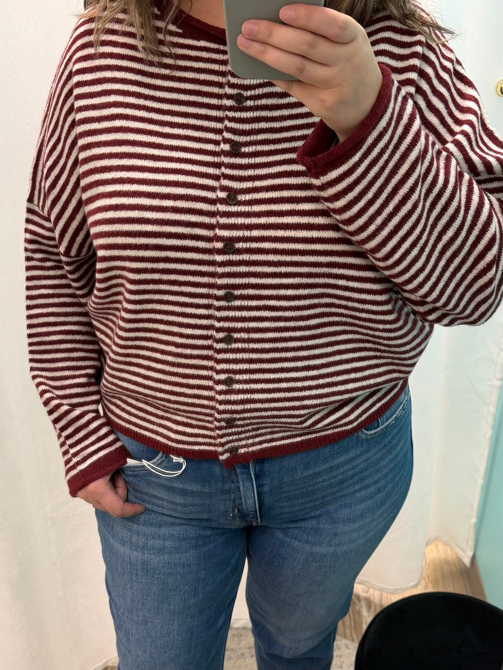 Striped Raw Edge Knit Cardigan (Burgundy)