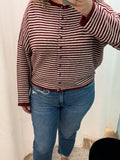 Striped Raw Edge Knit Cardigan (Burgundy)