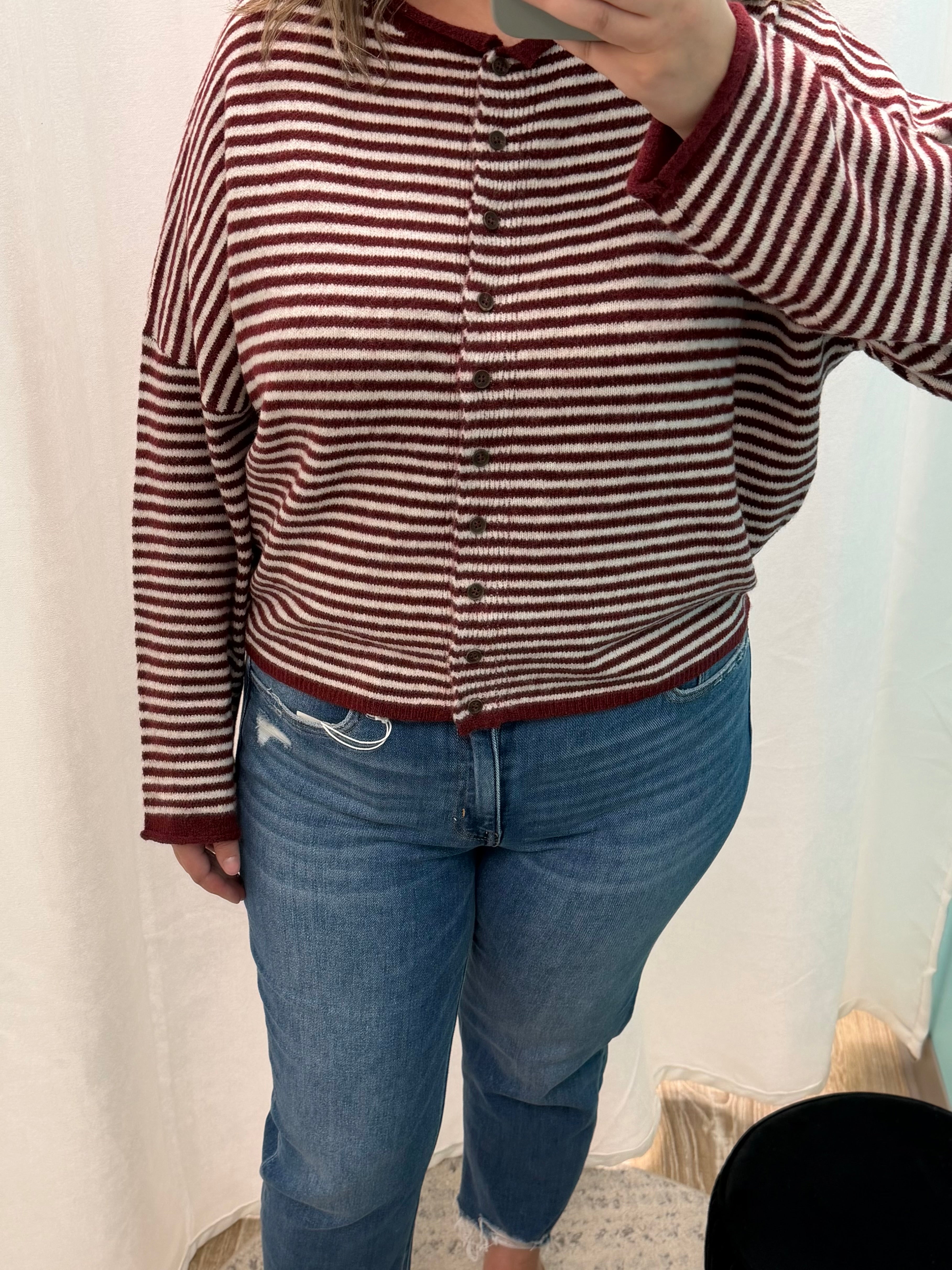 Striped Raw Edge Knit Cardigan (Burgundy)