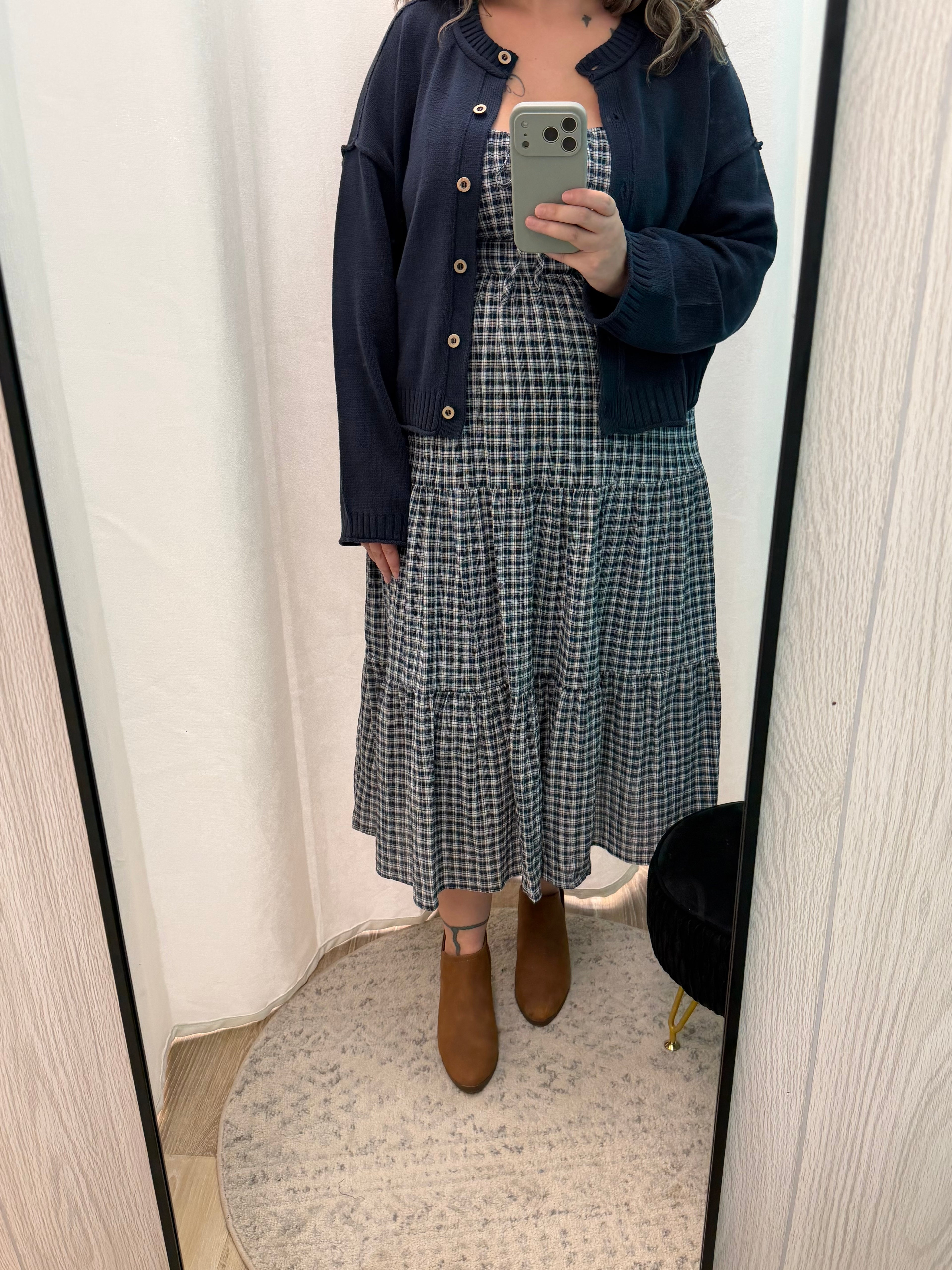 Plaid Front Tie Corset Detail Midi