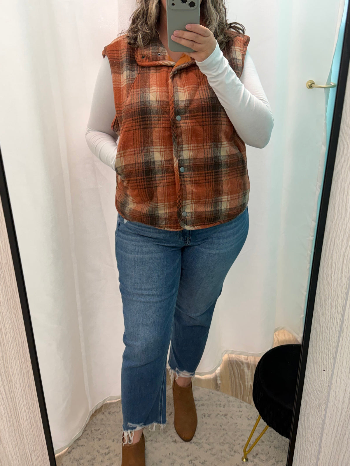Plaid Quilted Snap Button Vest (Rust)