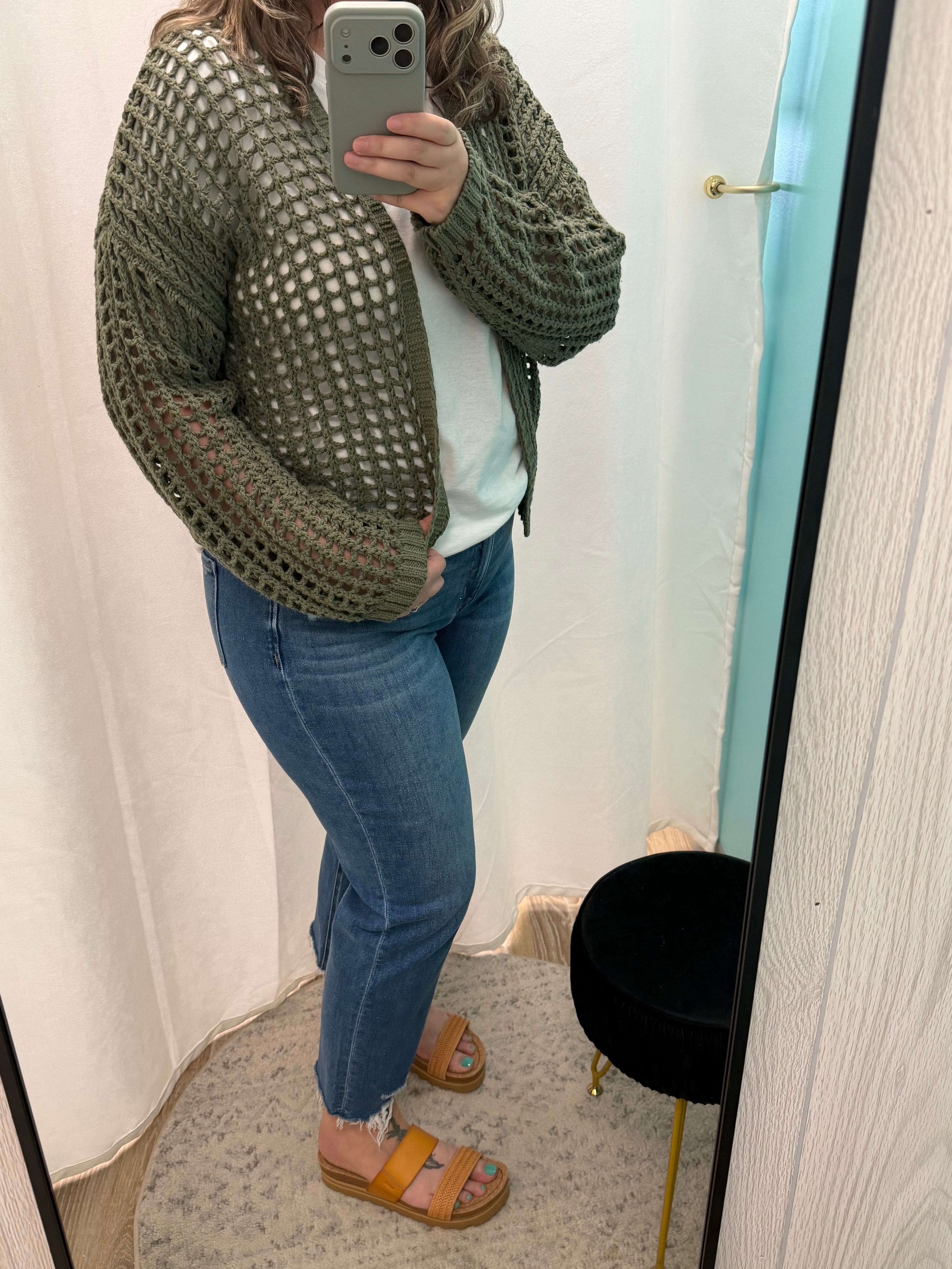 Crochet Fishnet Open Cardigan (Olive)