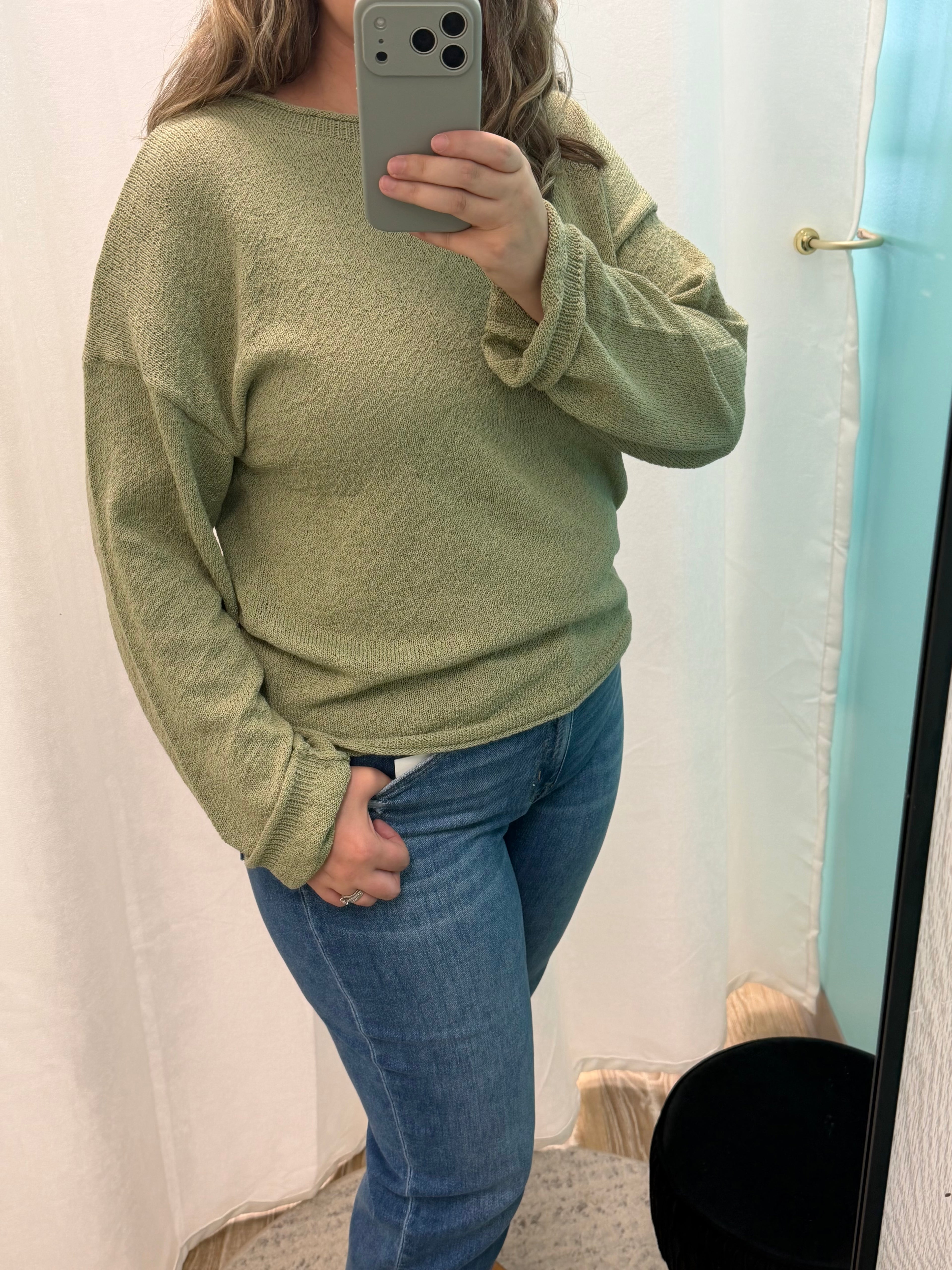 Textured Raw Edge Knit Sweater (Olive)