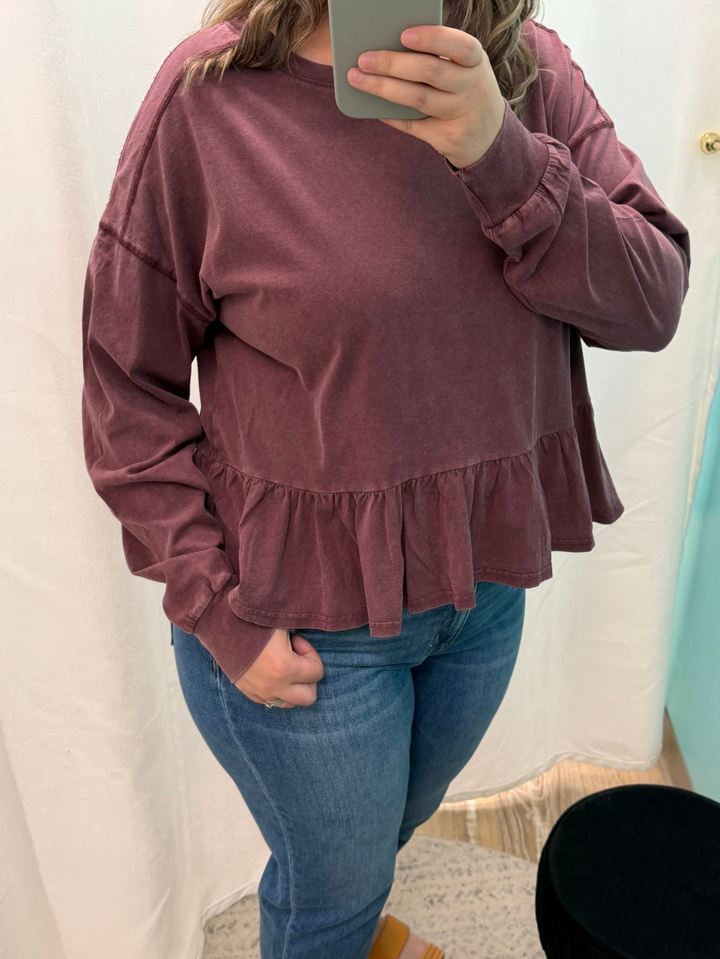 Cotton Long Sleeve Peplum Top (Dark Cherry)