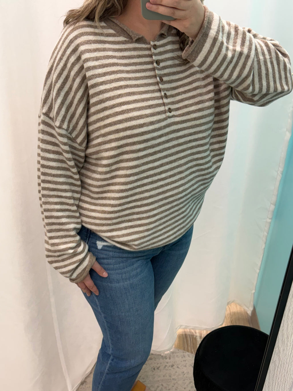 Henley Striped Sweater (Mocha)