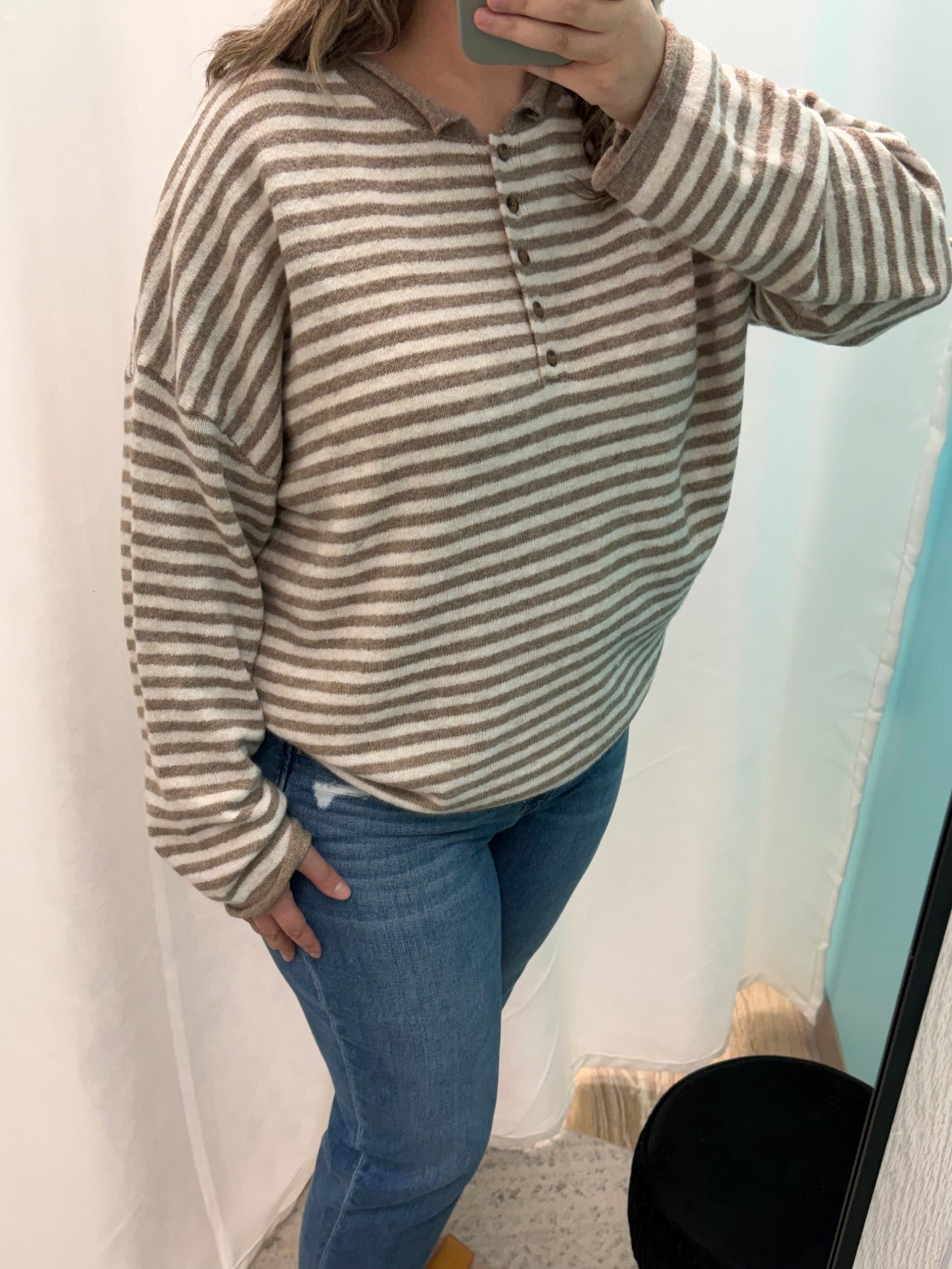 Henley Striped Sweater (Mocha)