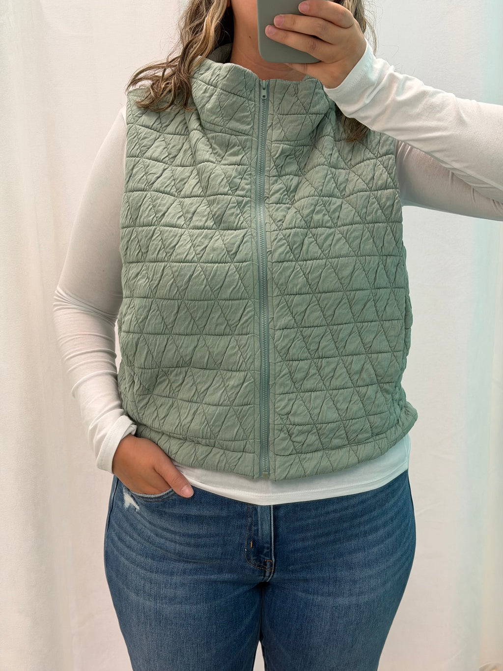 Quilted High Neck Zip Vest (Dusty Sage)