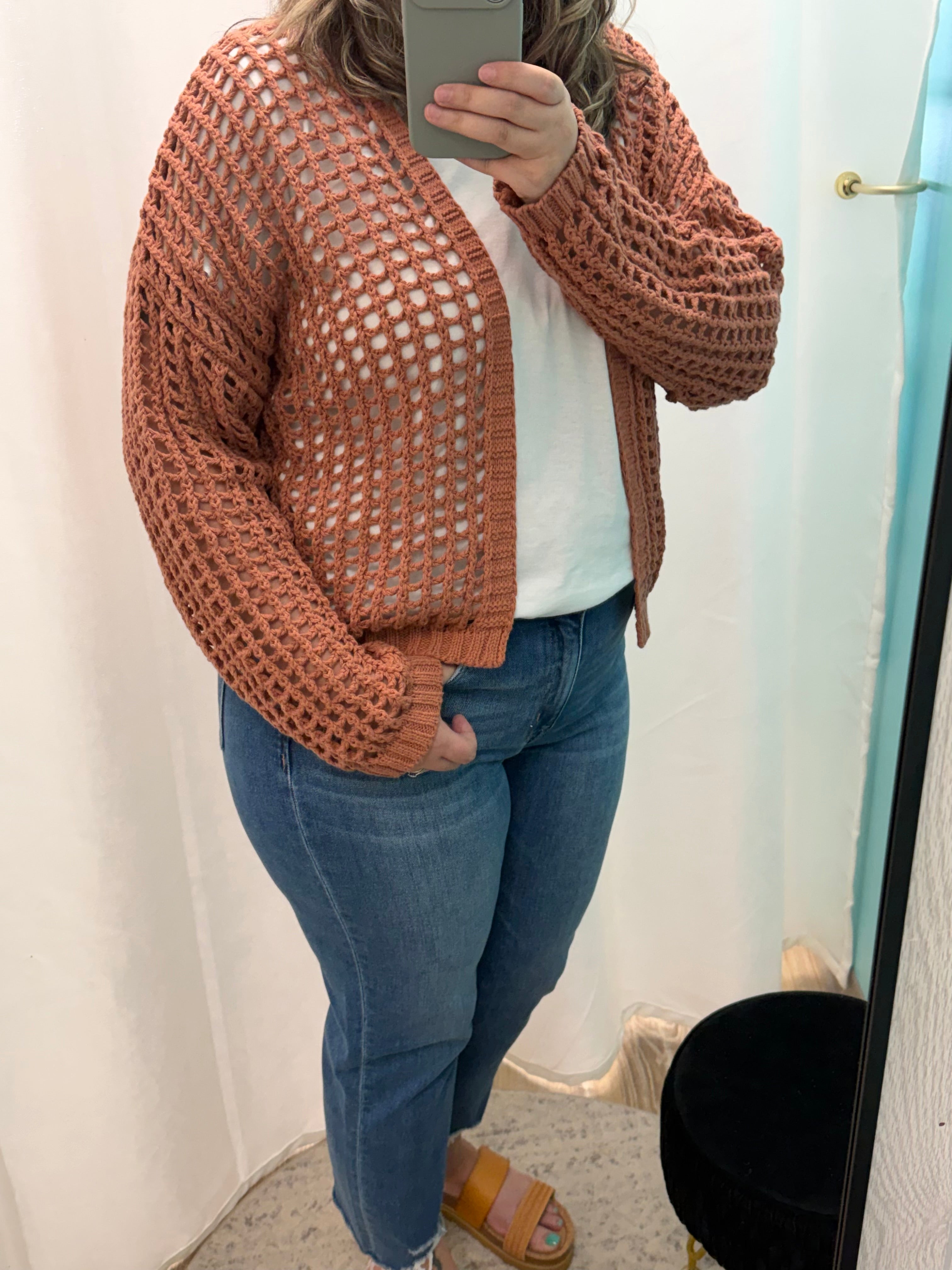 Crochet Fishnet Open Cardigan (Clay)