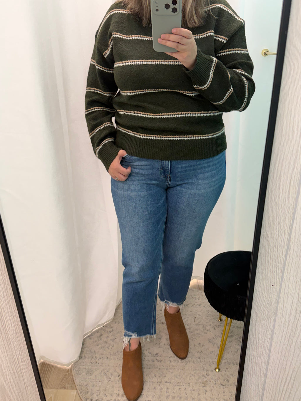 Striped Crew Neck (Dark Olive)