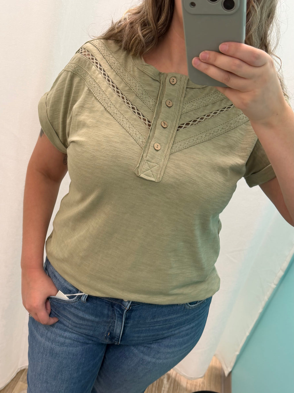 Henley Lace Trim Short Sleeve