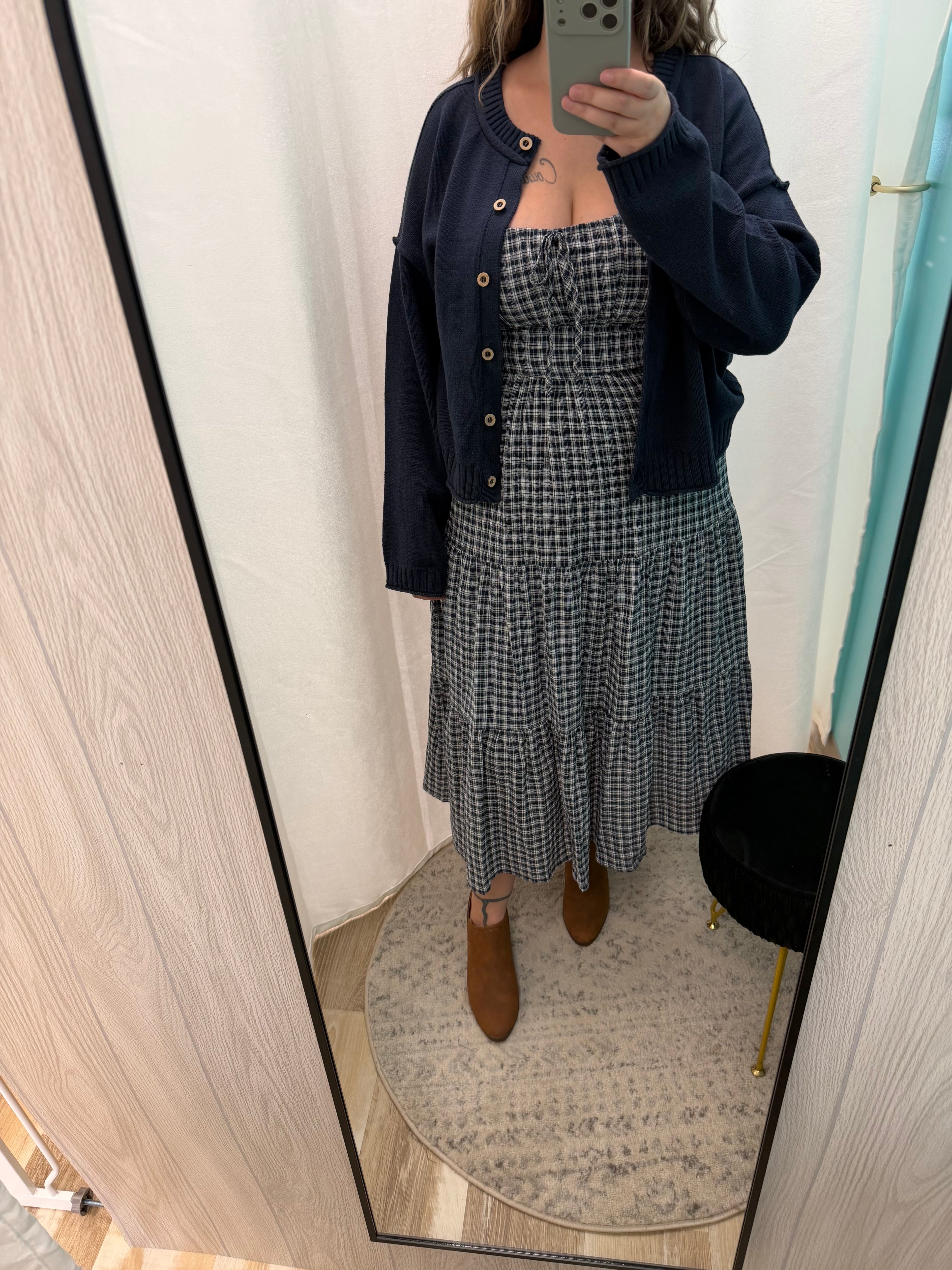Exposed Seam Button Down Knit Cardigan (Navy)
