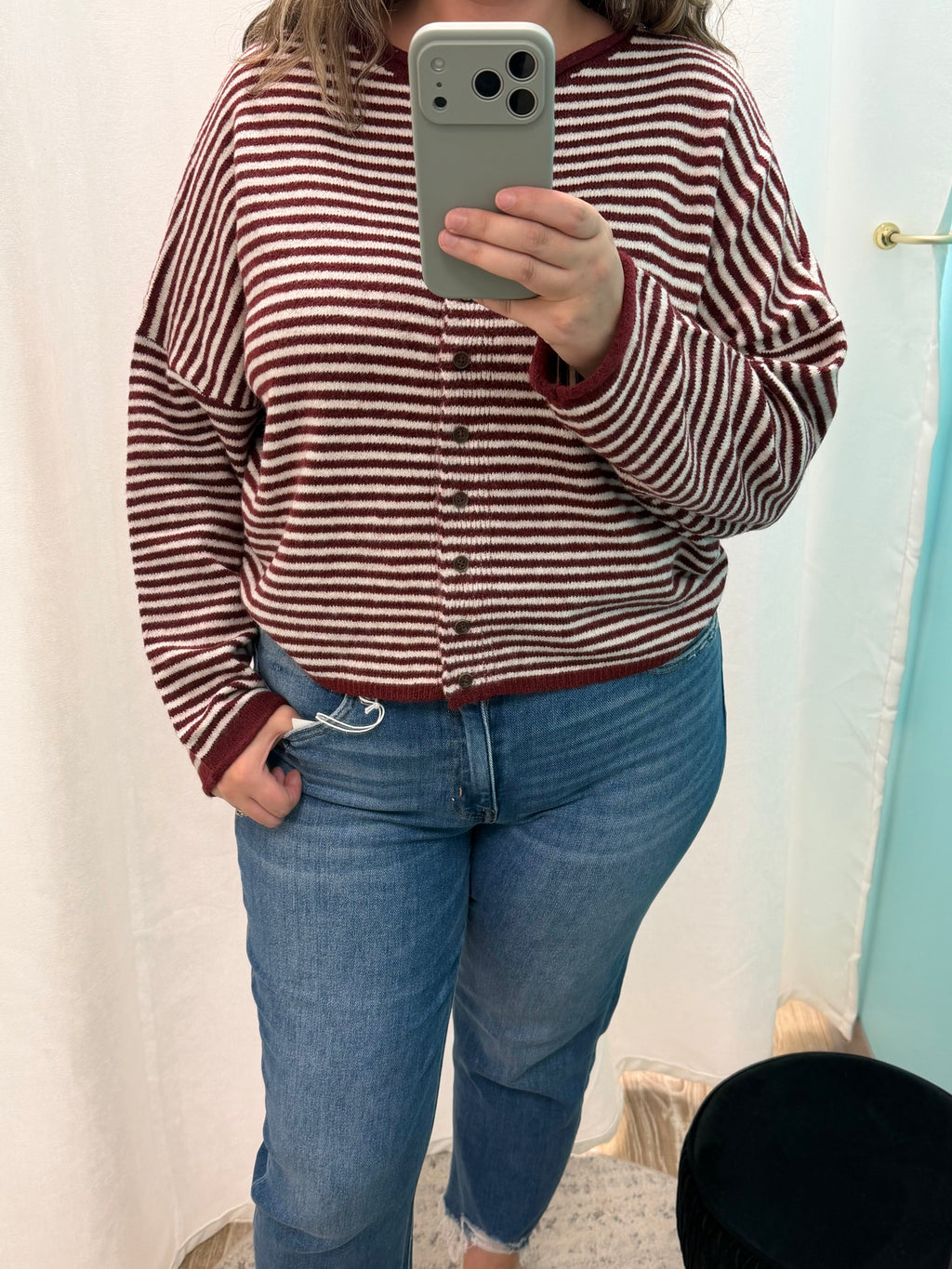 Striped Raw Edge Knit Cardigan (Burgundy)
