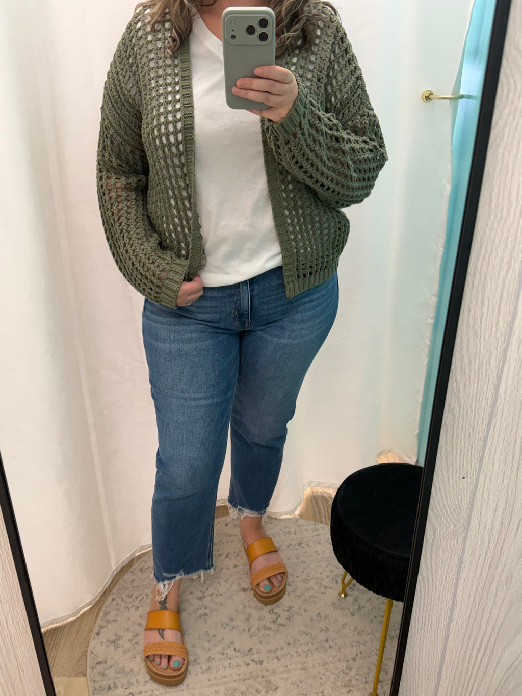 Crochet Fishnet Open Cardigan (Olive)
