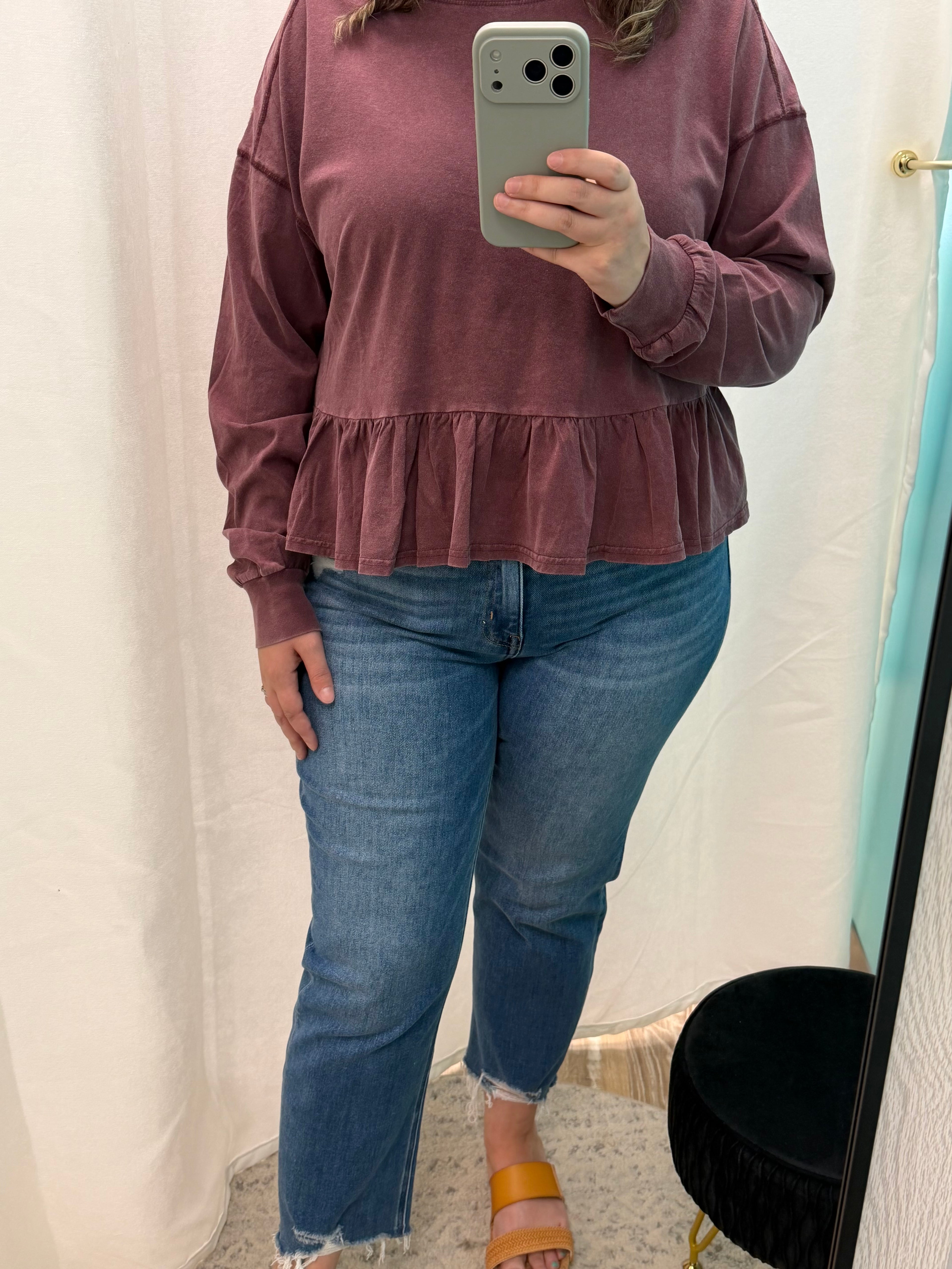 Cotton Long Sleeve Peplum Top (Dark Cherry)