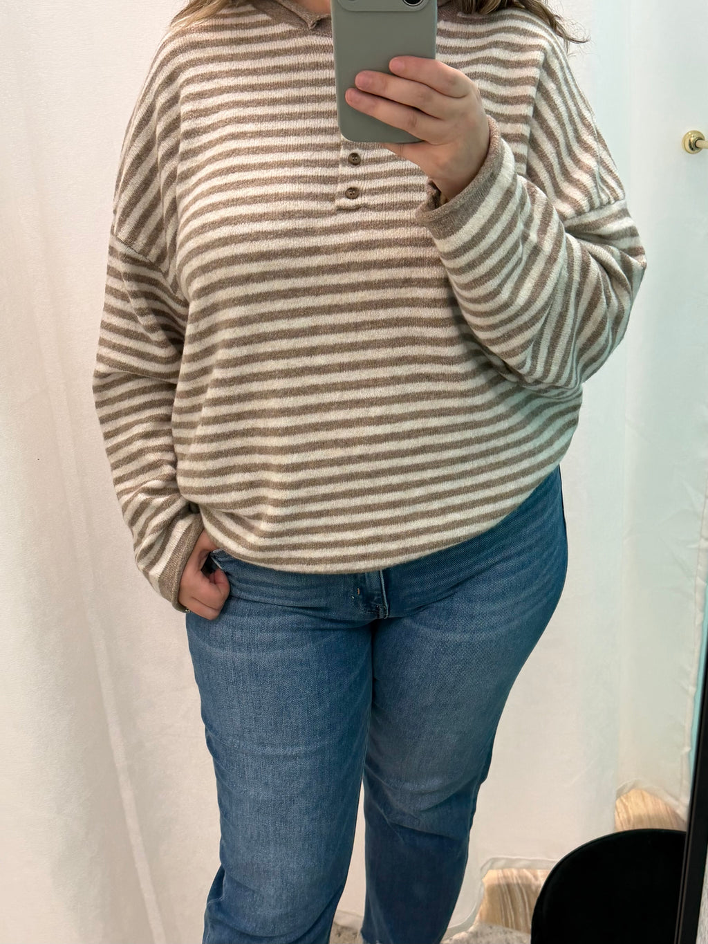 Henley Striped Sweater (Mocha)