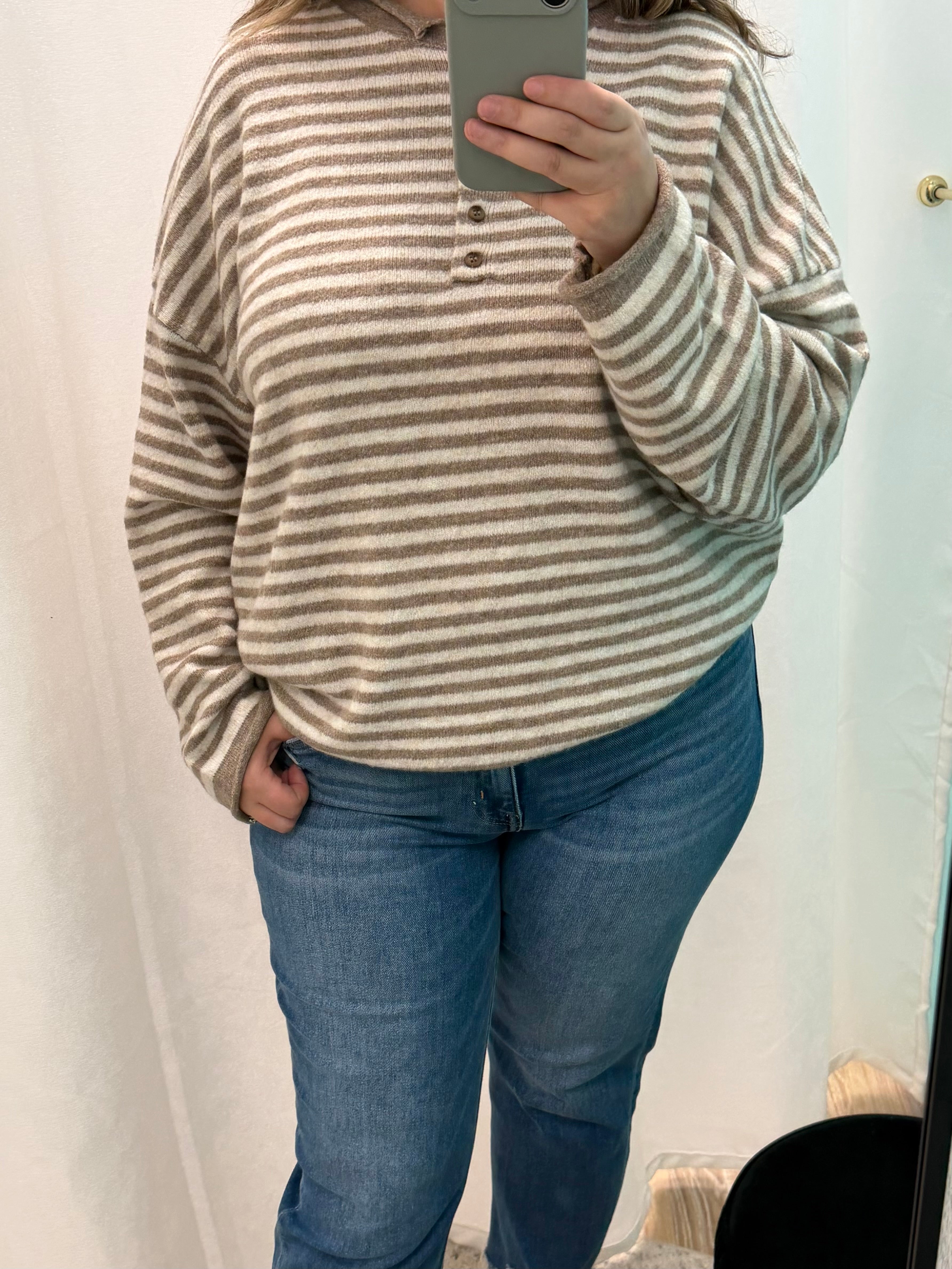 Henley Striped Sweater (Mocha)