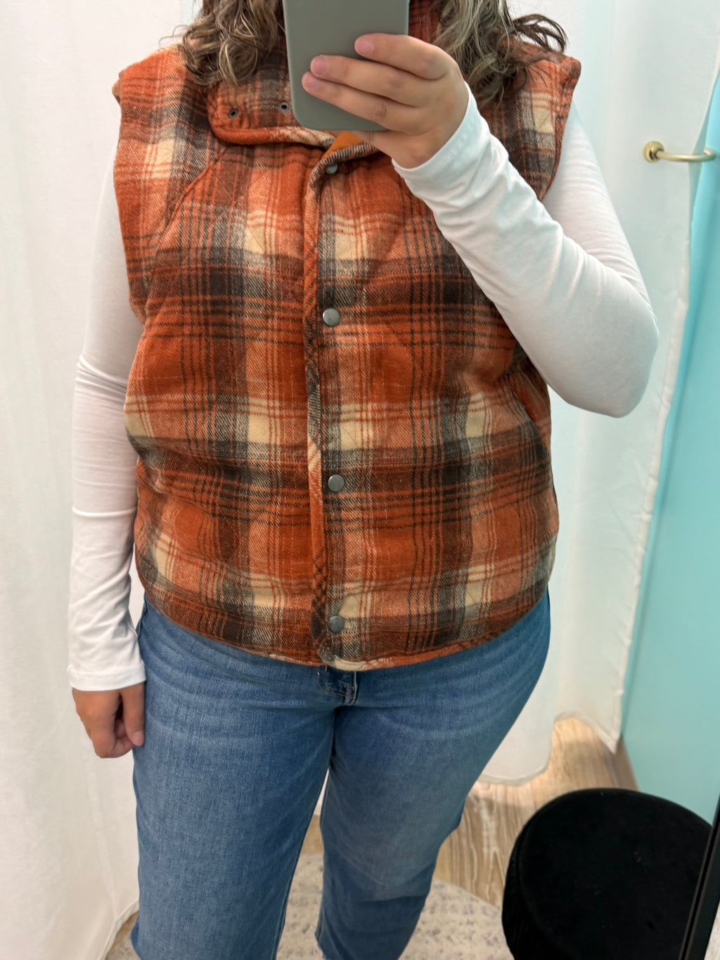Plaid Quilted Snap Button Vest (Rust)