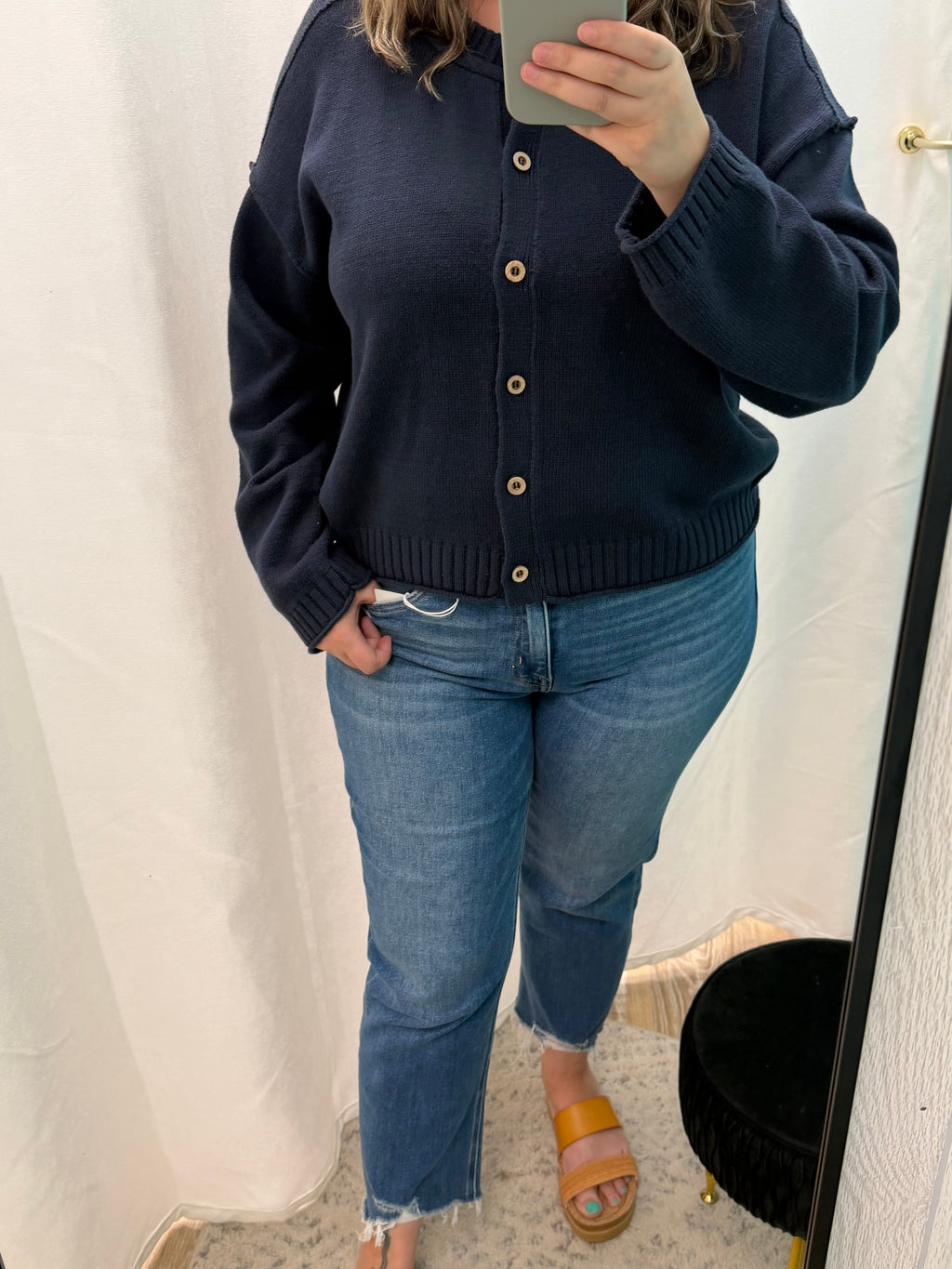 Exposed Seam Button Down Knit Cardigan (Navy)