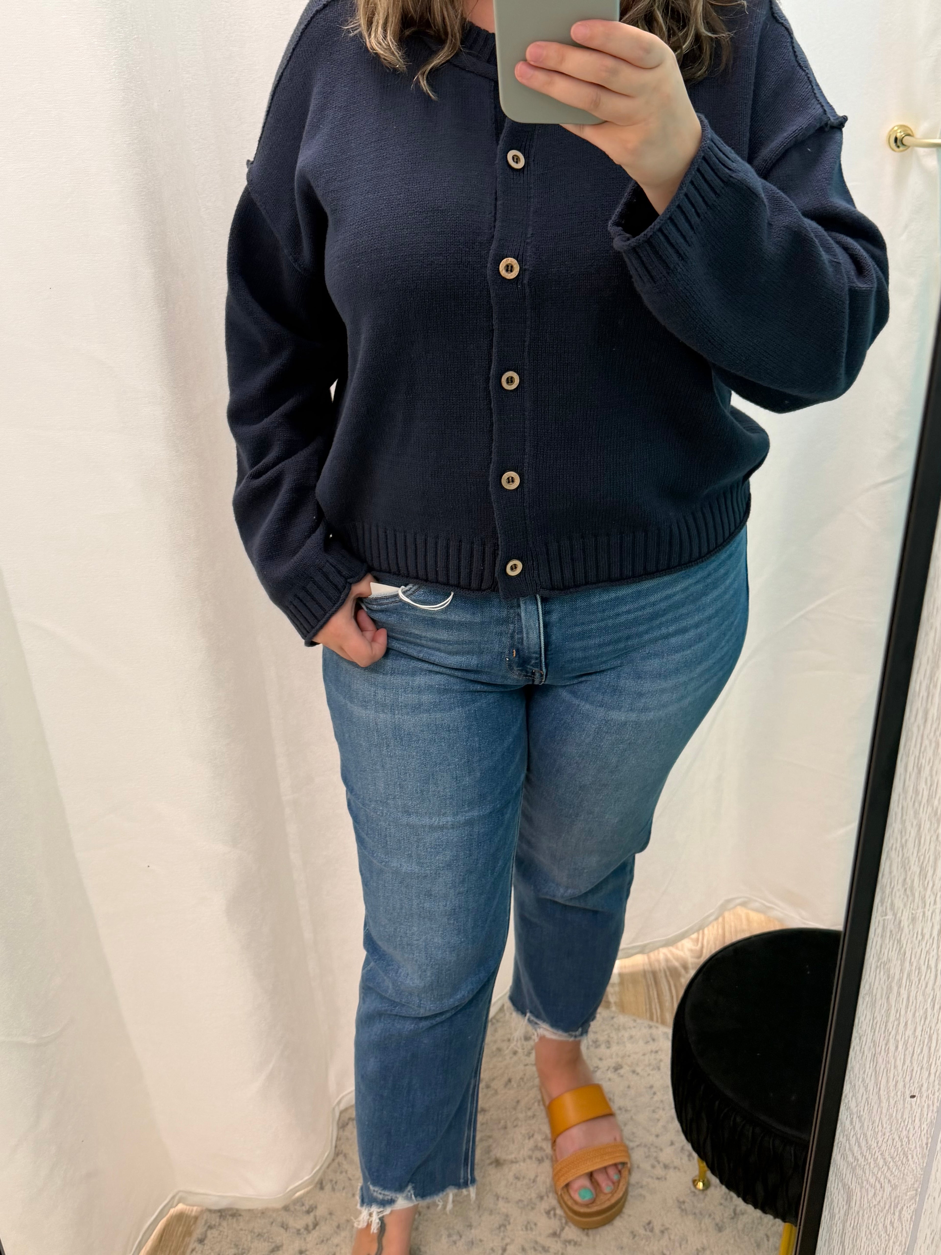 Exposed Seam Button Down Knit Cardigan (Navy)